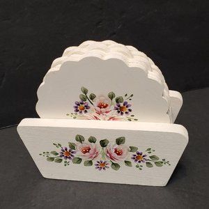 Painted Wood Coasters with Holder, Set of 5, Floral Cottagecore Country Decor